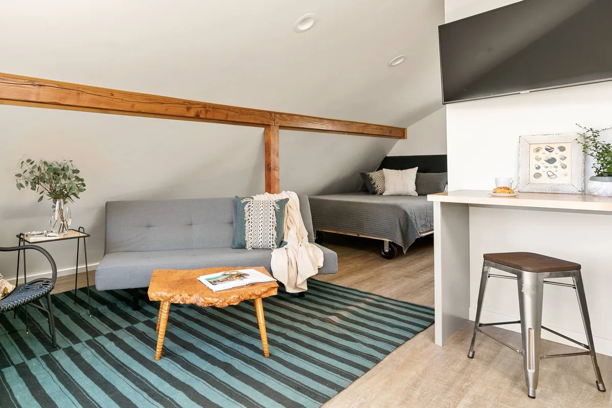 A comfortable studio-style space featuring a sofa, coffee table, bed, television, and tasteful decorative accents—all arranged in an airy, multi-functional layout.
